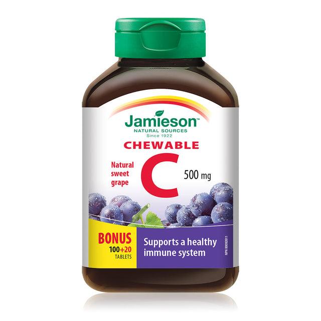 Jamieson Vitamin C 500 mg - Natural Sweet Grape - BONUS SIZE 120 Chewable - Five Natural