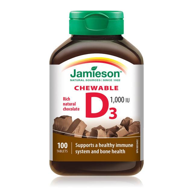 Jamieson Vitamin D3 1,000 IU - Rich Chocolate Flavour 100 Chewable - Five Natural