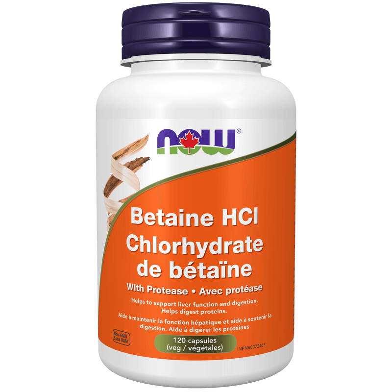 NOW Betaine HCL 648mg with protease 120 Veg Capsules - Five Natural