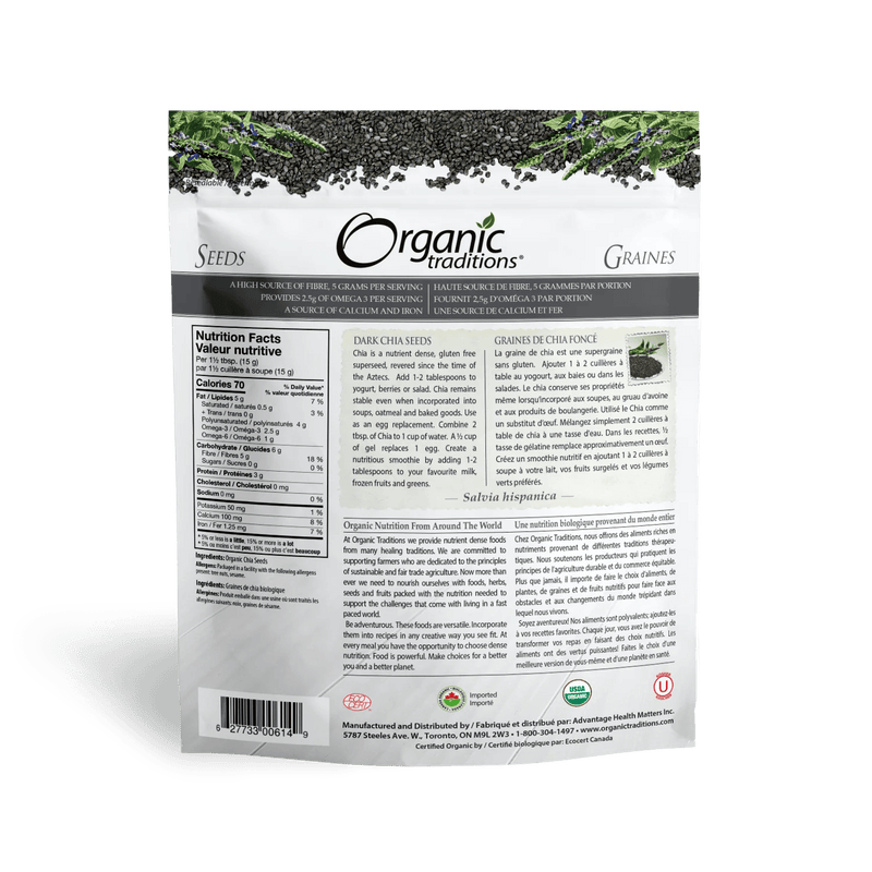 Organic Traditions Chia Seeds, Dark Whole 454g - Five Natural